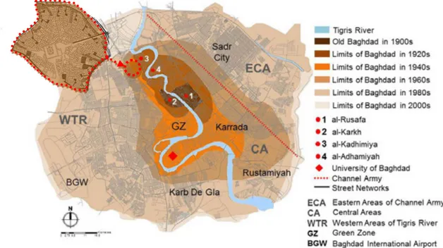 Şekil  3.3.  Bağdat'ın  master  plan,  tarihi  morfolojik  aşamalar  gösterilmiş  ve  geleneksel  Kadhimiya  bölgesinin büyütülmüş detayı işaretlenmiş (Alobaydi, Rashid, 2017 ) 
