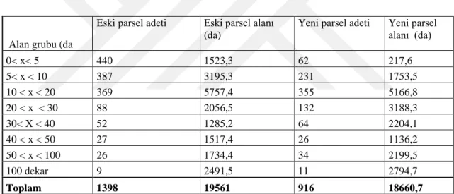 Çizelge 4.2. Toplulaştırma sonrası parsel sayı ve alan değişimleri 