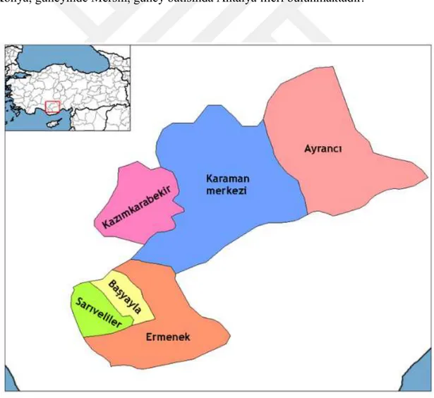 Şekil 3.1. Deneme alanının Türkiye ve Karaman’daki yeri(Anonim, 2018a) 