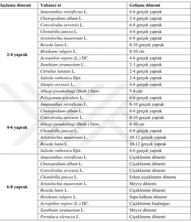 Çizelge 3.6.5. Çıkış sonrası ilaçlama döneminde deneme alanında mevcut yabancı otlar, gelişme  dönemleri (2018) 