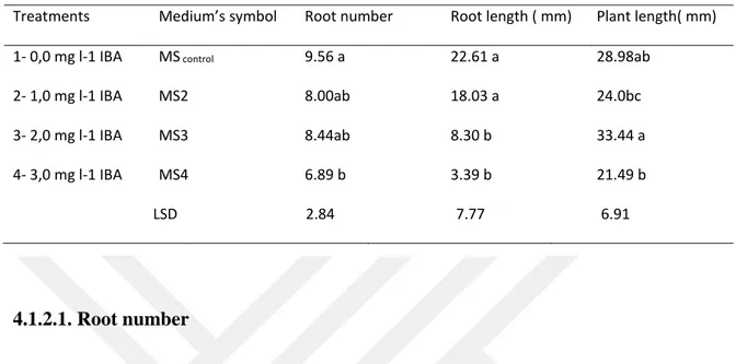 Table 3. Result of effect different concentrations of plant growth regulators on number and length roots as  well as plant length