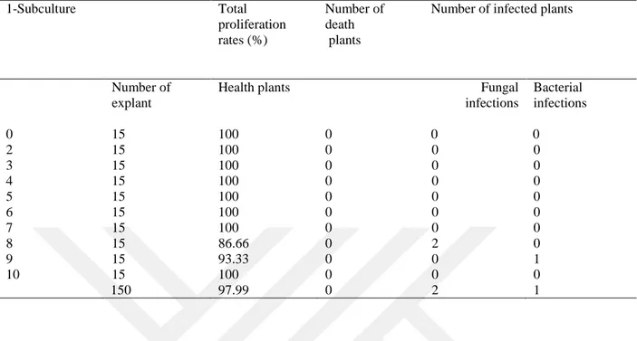 Table 5. Total proliferation rates, number of death plants and number of infected plants measure of  subculture one  1-Subculture   Total  proliferation  rates (%)  Number of death  plants  