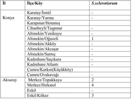 Çizelge 4.  4. 2017-2018 yıllarında yapılan survey çalıĢmaları sonucu elde edilen Sclerotinia  sclerotiorum‘un izolat sayılarının lokalitelere göre dağılımı 