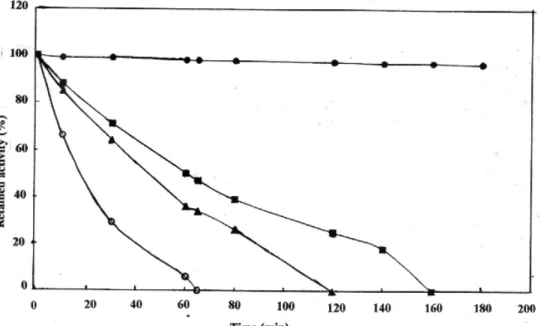 Figure VII: Heat stability of chicken liver catalase at 25°C (--•--), 40 °C (--■--), 50 °C (--▲--),  60 °C (--○--)