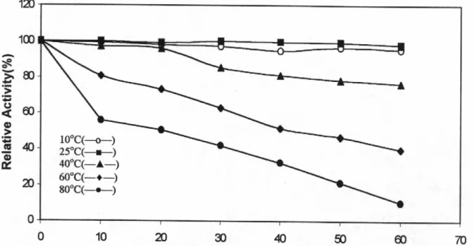 Fig. 4: Thermal inactivation of Jerusalem artichoke PPO at different temperatures. 