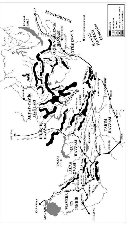 Şekil 1. Orta Asya Türk egemenlik coğrafyası kent ağı ve ulaşım sistemi (VIII.-XIII. yüzyıllar) 