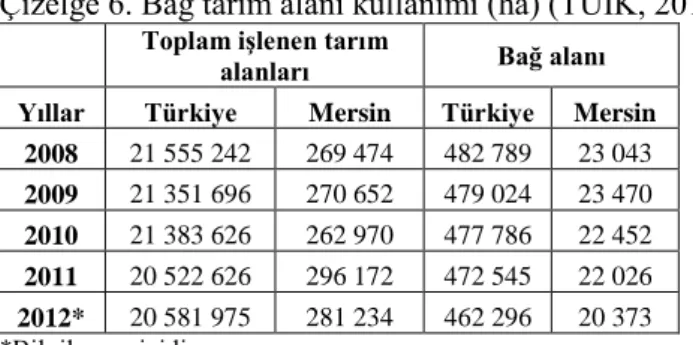 Çizelge 6. Bağ tarım alanı kullanımı (ha) (TÜİK, 2012b) 