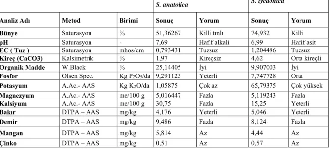 Tablo 3. S. anatolica ve S. lycaonica türlerine ait toprak örneklerinin fiziksel ve kimyasal sonuçları 