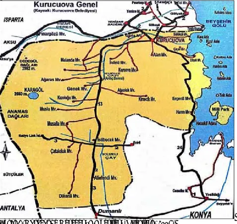 Şekil 1. Kurucuova Kasabası’nın haritası (Ozantürk, 2007)  Figure 1. The map of the Kurucuova Town (Ozantürk, 2007)  3