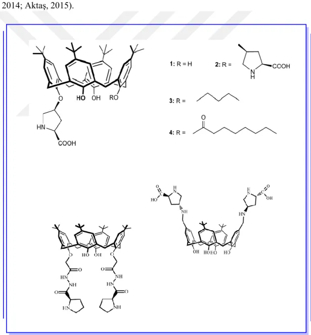 Şekil 1.28 Aldol reaksiyonunda kullanılan prolin türevi kaliks[4]aren bazlı organokatalizörler ve elde  edilen bileşikler 
