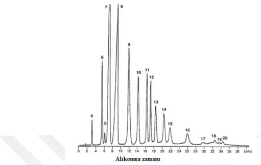 Şekil 1.7. p-ter-Bütilkaliks[n]aren karışımının HPLC kromotogramı (n = pikler üzerindeki rakamlar) 