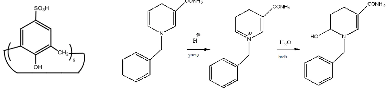Şekil  1.16.  p-Sülfanotokaliks[6]arenin  yapısı  ve  katalizlenen  1-benzil-1,4-dihidronikotinamidin   hidrasyon reakiyonu 