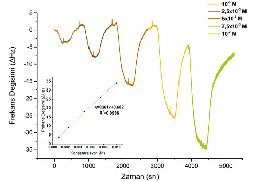 Şekil 5. Farklı konsantrasyonlardaki PNF çözeltilerine karşı KIMR modifiye QCM sensörünün frekans  değişimi 