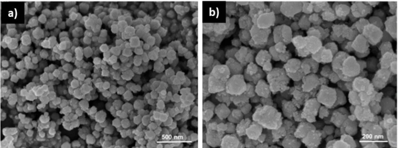 Şekil 3. ZTO nanoparçacıkların a) düşük (100 kx) ve b) büyük (200 kx) büyütmeli SEM görüntüleri