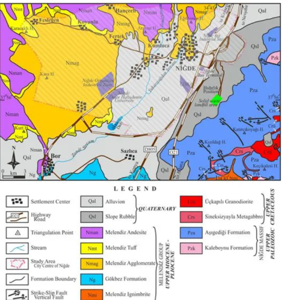 Figure 8. The geological map of Nigde and its surroundings (it has been received by partially modifying  from Atabey (1980)) 