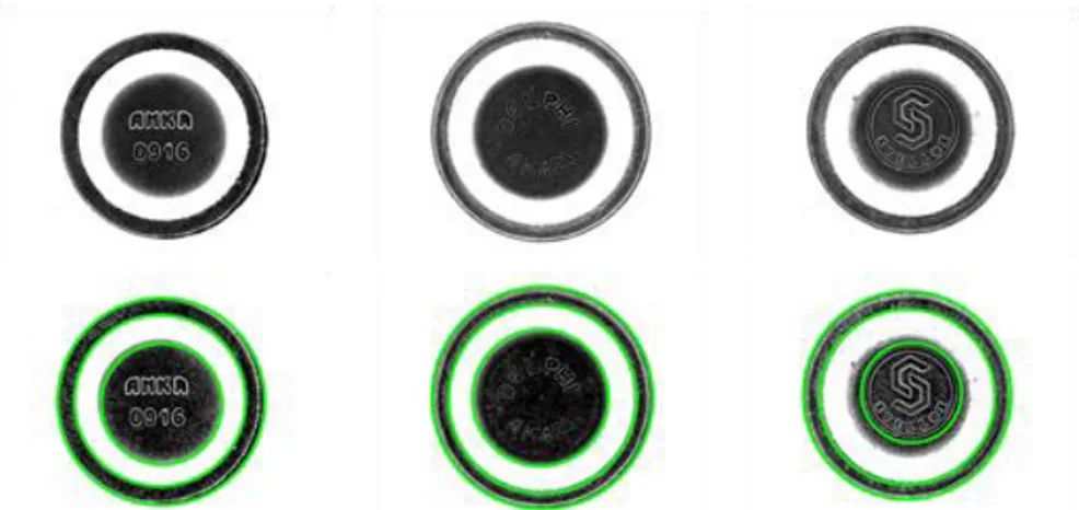 Figure 3. Circular Hough Transform (CHT) Results: For the determination of circle diameters, the CHT  algorithm was used to determine the 3 circle positions (bottom) 