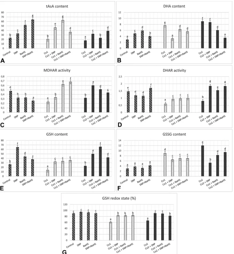 Fig. 11. E ﬀects of exogenous 100 μM SNP and 600 μM NaHS treatment on chloroplastic total ascorbate content (tAsA, nmol g −1 FW, A), dehydroascorbate content (DHA, nmol g −1 FW, B), monodehydroascorbate reductase activity (MDHAR, μmol mg −1 protein, C), de