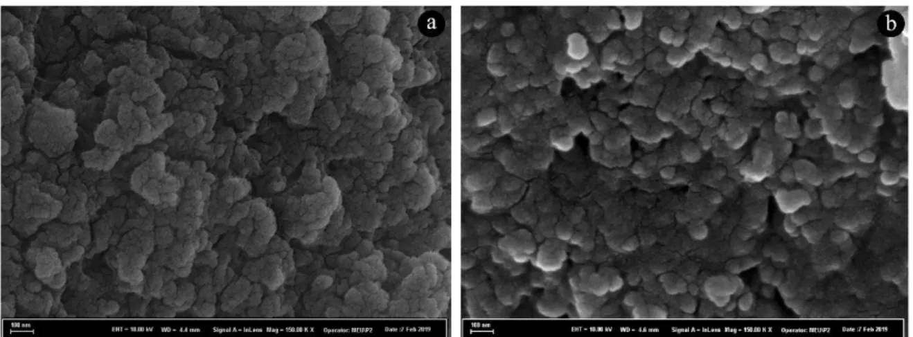 Figure 5. Surface morphologies of Pd NPs@CS-GG after a) 1th and b) 7th cycle 