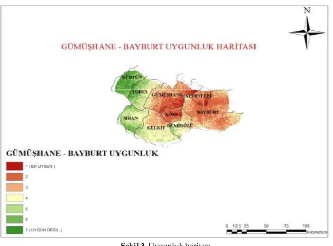 Şekil 3. Uygunluk haritası  Figure 3. Suitability map SONUÇ ve TARTIŞMALAR  (RESULTS and DISCUSSIONS) 