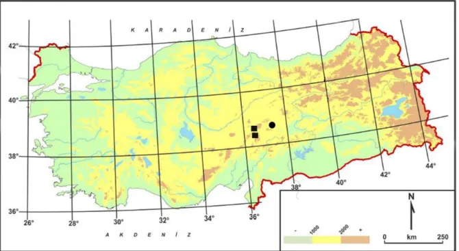 Fig. 1. Distribution map of C. eleonorae (■) and C. humilis ( ● ) in Turkey.