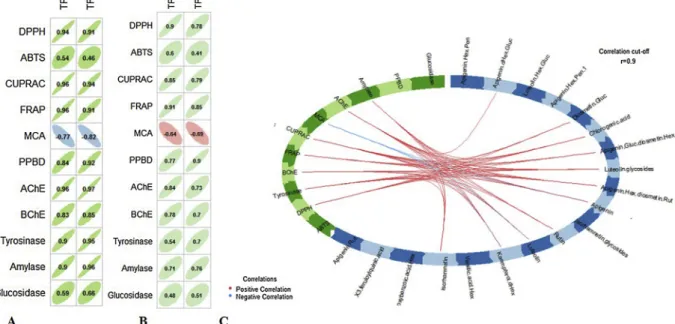 Fig. 4. The relationship between biological activities and the quantified bioactive compounds of Cirsium yildizianum