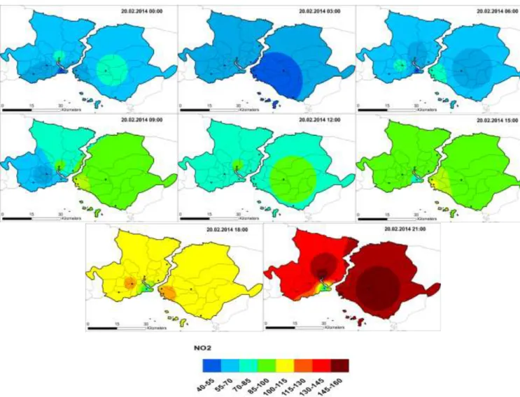 Figure 3.Density maps for NO 2  at 20.02.2014 for each 3-hour period 