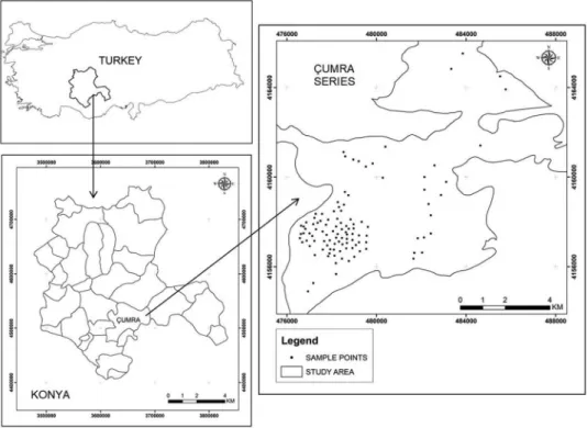 Figure 1. Map of Turkey, Konya and Çumra Series catchment (study area) with spatial location soil sampling points.