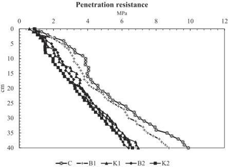 Figure 2. Effects of amendment on soil penetration resistance at 0 –40 cm soil depth (C: Control, B1: 2% Biochar, K1: 2% Compost, B2: 4% Biochar, K2: 4% Compost).
