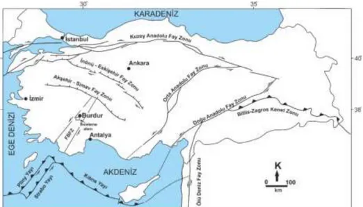 Şekil 1. Türkiye ve yakın çevresinin neotektonik yapısı içinde Fethiye-Burdur Fay Zonu’nu (FBFZ) ve  inceleme alanını gösterir basitleştirilmiş harita (Barka ve diğ., 1995; Koçyiğit ve Özacar, 2003; Elitez ve 