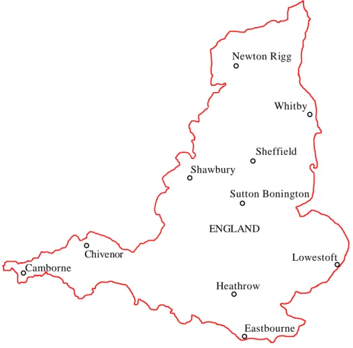 Figure 3. Map of locations of the selected rain stations in the study area, England. 