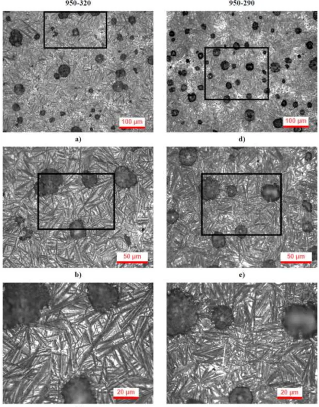 Şekil 9. 950°C'de östenitlenip (a-c) 320°C'de ve (d-f) 290°C'de östemperlenen numunelerin optik iç yapı  görüntüleri