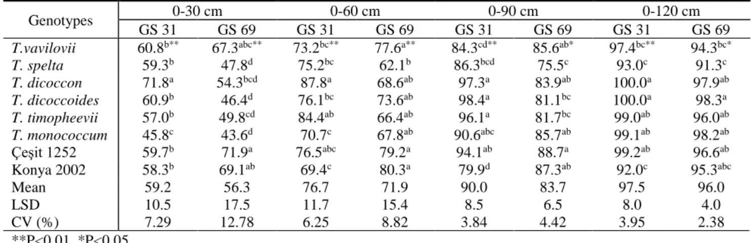 Figure 4 Root biobiomass distribution in 0-30 cm, 30-60 cm, 60-90 cm, 90-120 cm and >120 cm root length  At  GS  31,  tiller  number  per  plant  changed  between 