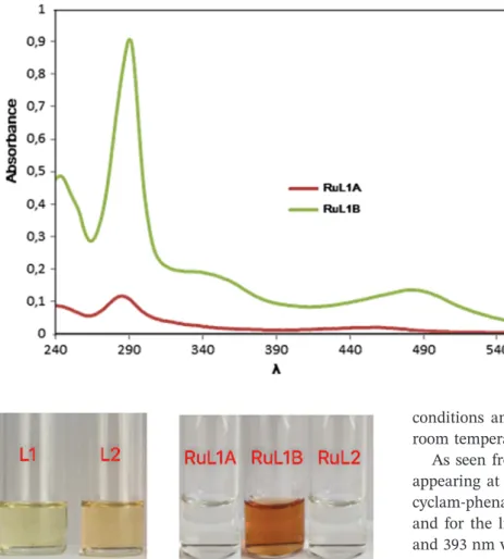 FIGURE 7 The absorption spectra of the complex ligands RuL1A and RuL1B (1 × 10 −4 M in water) [Color figure can be viewed at wileyonlinelibrary.com]