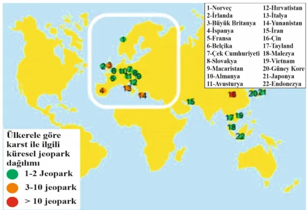 Şekil 2. Karst ile ilgili jeoparkların dünyadaki dağılımı (Ruban, 2018). 