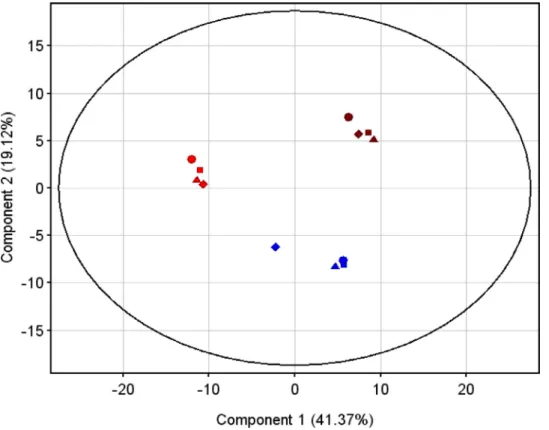 Fig. 1. Distribution of samples in the space of principal component 1 and principal component 2 when ESI-QTOF spectra were used