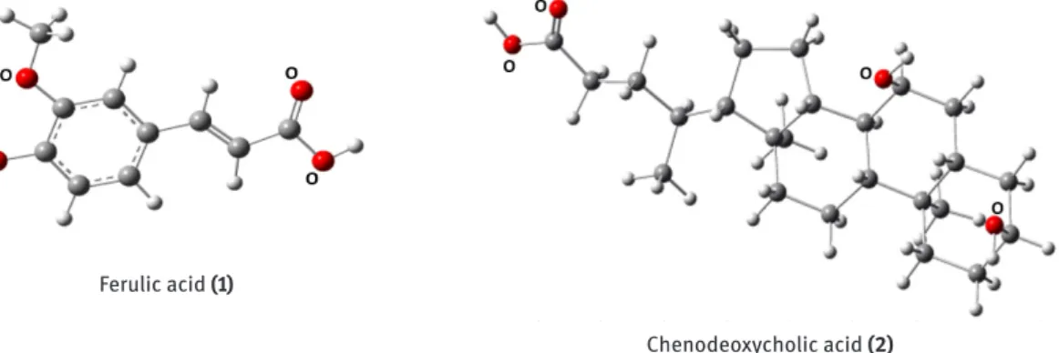 Figure 2: Molecular models of Ferulic acid (1) and Chenodeoxycholic acid (2).