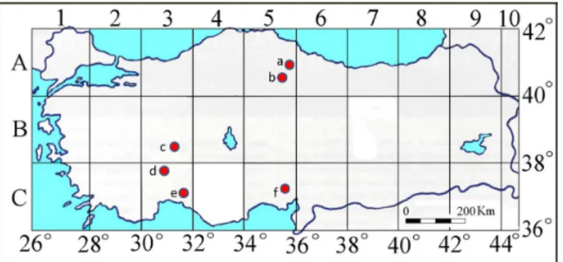 Figure 1. The location of collected samples on map (a: Samsun; b: Amasya; c: Konya; d: 