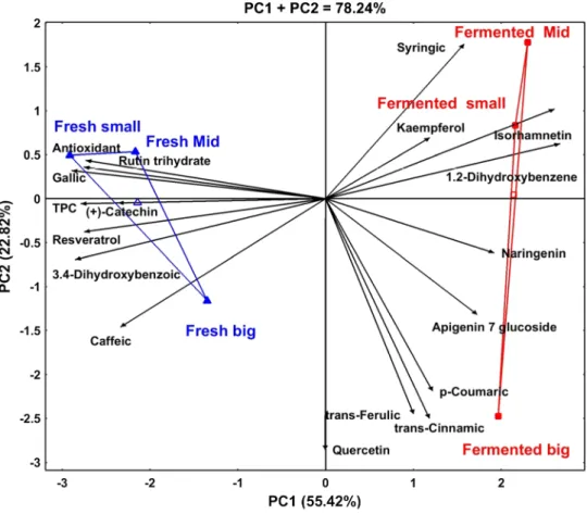 Fig. 1 The HJ-biplot based on principal component analysis for bioactive properties of different sizes of fresh and fermented caper flower buds