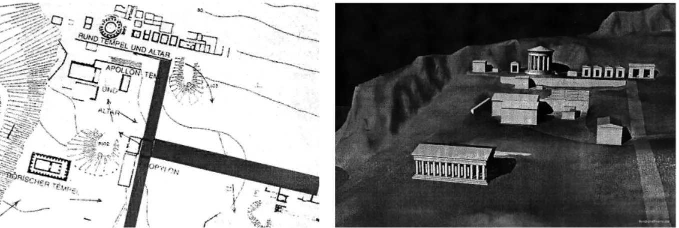 Figür 1a: Knidos Dor Tapınağı (Ehrhardt 2009, fig. 2)  Figür 1b: Knidos Dor Tapınağı’nın 3D modellemesi  (Ehrhardt 2009, fig