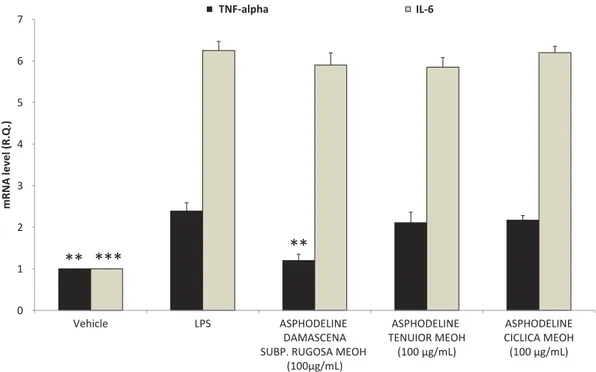 Figure 5. E ﬀect of Asphodeline methanol extracts (100 µg/mL) on TNF-α and IL-6 gene expression in rat colon specimens challenged with LPS