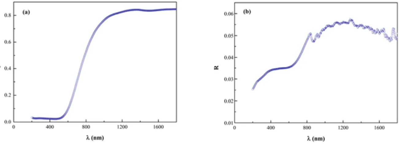 Fig. 2. Spectral variation of transmittance (a) and reflectance (b) of the eumelanin thick film