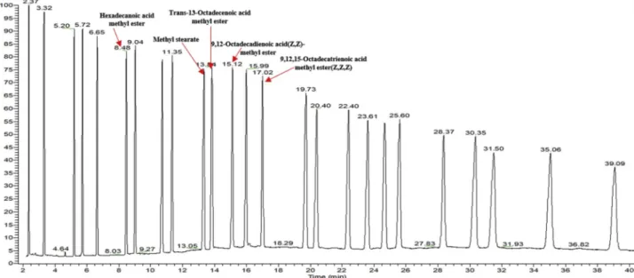 Fig. 2. The GC-MS chromatograms of fatty acid methyl esters of flaxseed extract sample