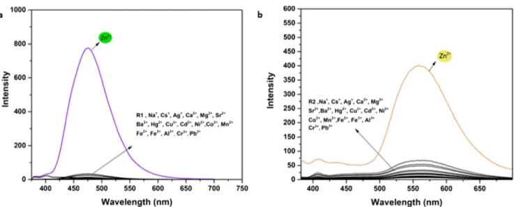Fig. 3 Visual fluorescence changes upon addition of various metal ions to R1 and R2 solutions