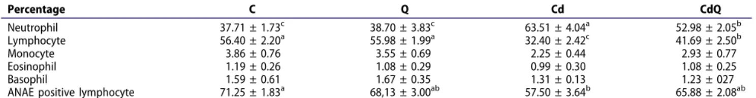Table 2. Effects of Cd and Q on differential WBC and ANAE positive lymphocyte percentages.