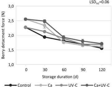 Fig. 2 Rachis chlorophyll concentration changes during the prolonged storage as influenced by treatments