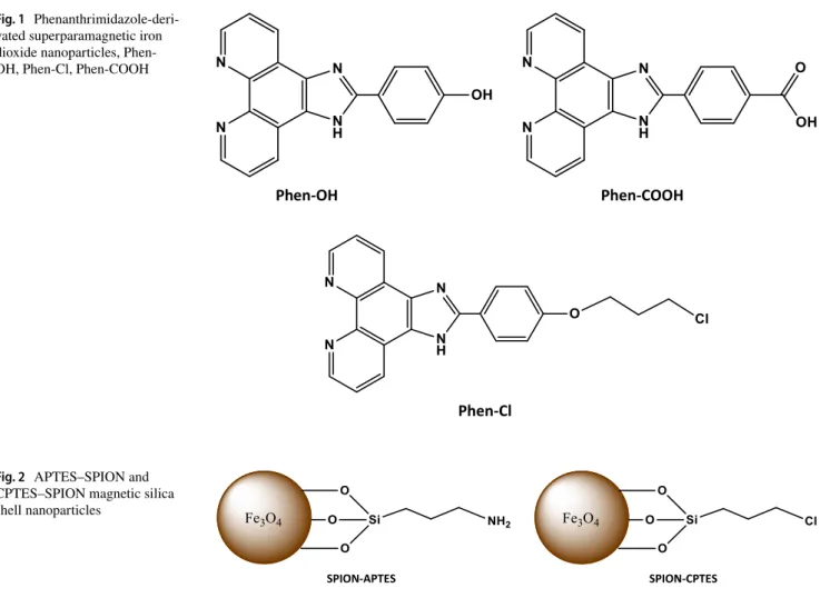 Fig. 1    Phenanthrimidazole-deri- Phenanthrimidazole-deri-vated superparamagnetic iron  dioxide nanoparticles,  Phen-OH, Phen-Cl, Phen-COOH
