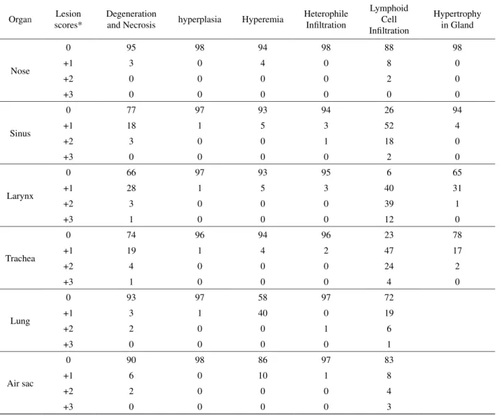 Table 1. Distribution of histopathological lesions according to organs (98 samples).