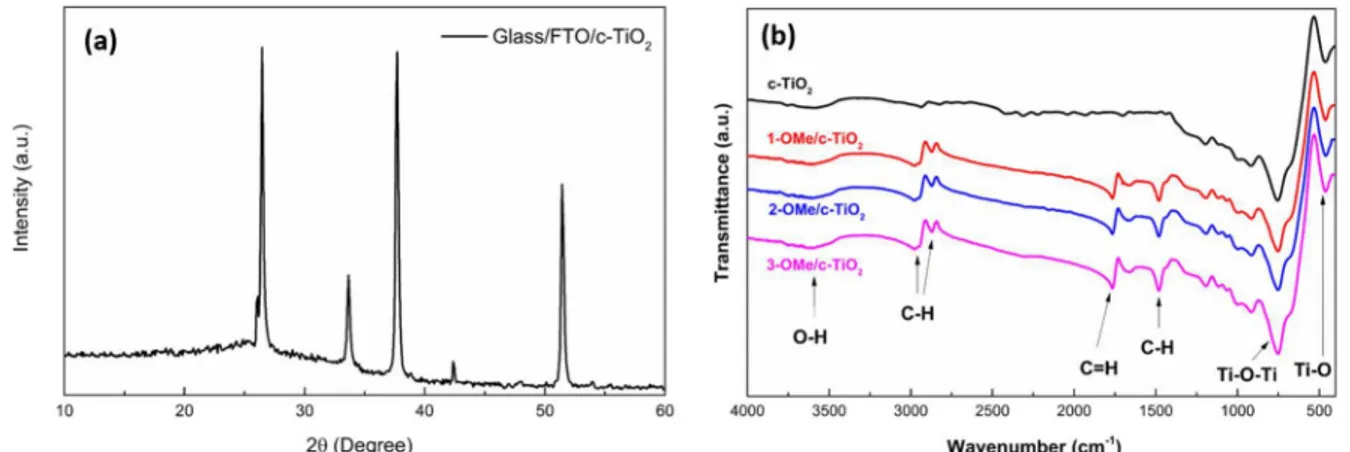 Fig. 5. (a) XPS survey spectrum and XPS deconvolutions of (b) C1s (c) Ti 2p and (d) O 1 s core level for 3-OMe/c-TiO 2 surface.