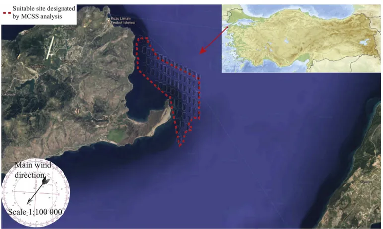 Fig. 10. The selected site and sitting of wind turbines at Gokceada shores (The map is adapted from Google Maps).