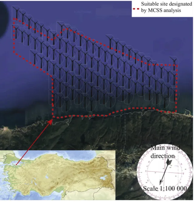 Fig. 8. The selected site and sitting of wind turbines at Bandirma shores (The map is adapted from Google Maps).